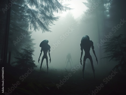 Alien silhouettes in misty forest created with Generative AI technology.