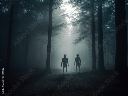 Alien silhouettes in misty forest created with Generative AI technology.