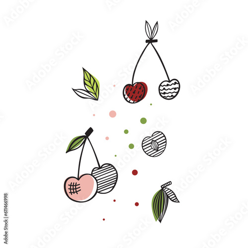 Flat vector icon of appetizing cherries. Abstract Sliced fruits, Abstract flat stickers, emblems and labels for orange fresh juice. Graphic design editable for your design. Isolated. EPS 10.
