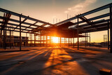 Construction site of large residential commercial building, some floors already built. Metal structure with evening sky sunset background. Generative AI