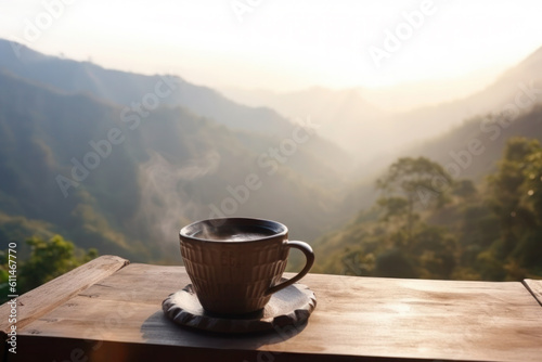 Morning cup of coffee with mountain at sunrise. mug of tea at sunset. ai, ai generative, generative ai, neural network