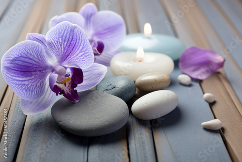 stones, candles, flowers in the massage parlour. Beauty spa treatment and relax. ai, ai generative, generative ai