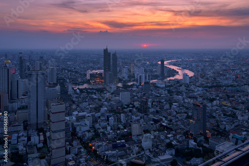 Aerial view of Bangkok city overlook Bangkok city, tiny world, high rise building, road, fish eyes lenses, Tourist destination in Thailand.