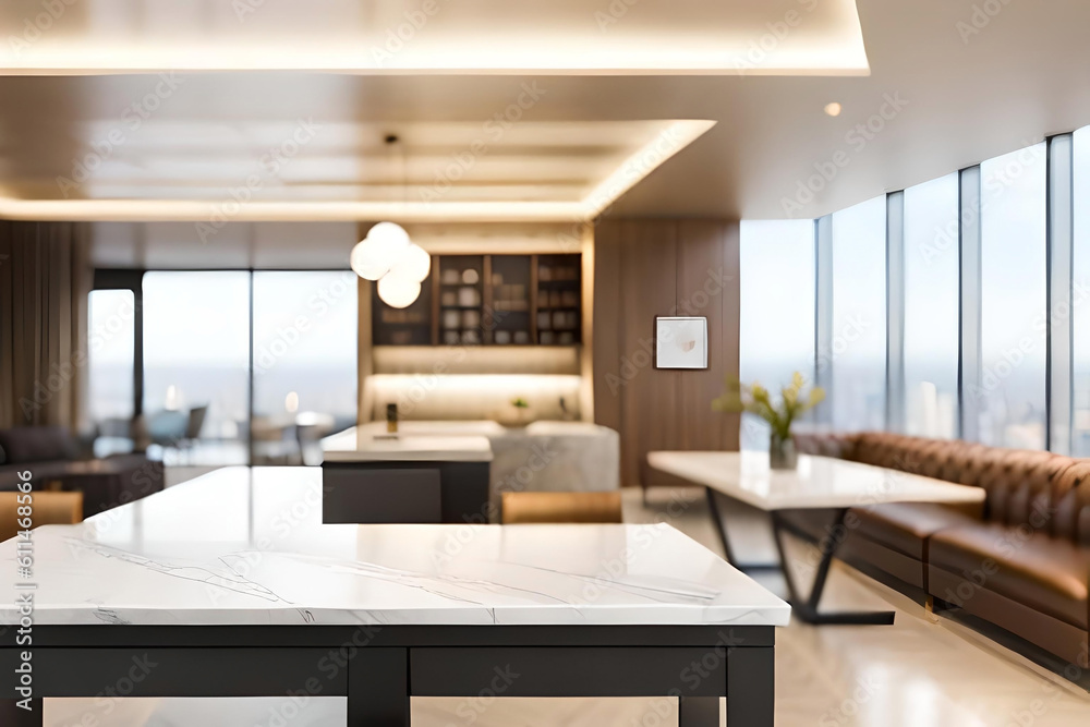 Fototapeta premium Blurred background of a luxury coffee shop with bokeh, featuring a white marble table