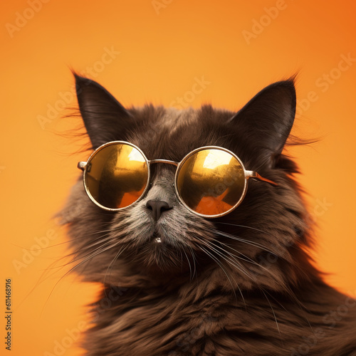 Quirky Little Cat Wearing Sunglasses, Sitting in Front of an Orange Background - Generative AI © DanielMendler