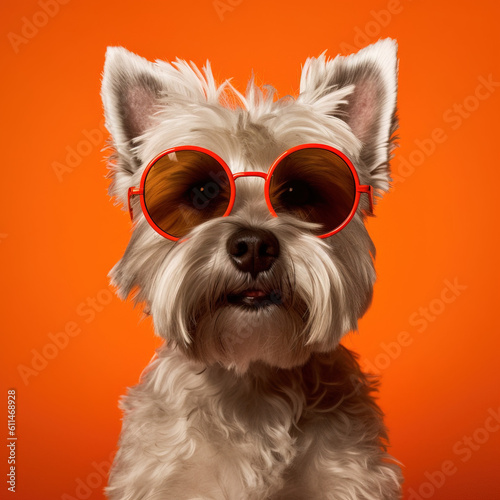 Quirky Small Dog Wearing Sunglasses Poses Against an Orange Background - Generative AI © DanielMendler