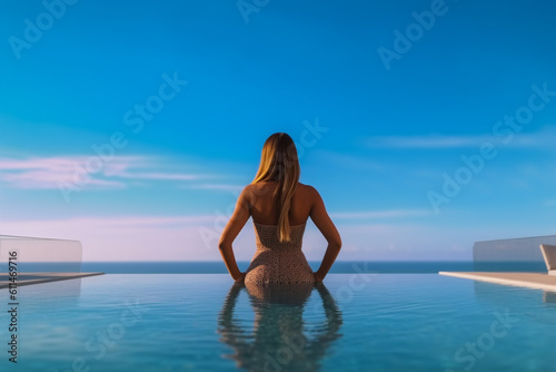 Rear view of a long hair woman in bikini in infinity pool  Generative Ai.