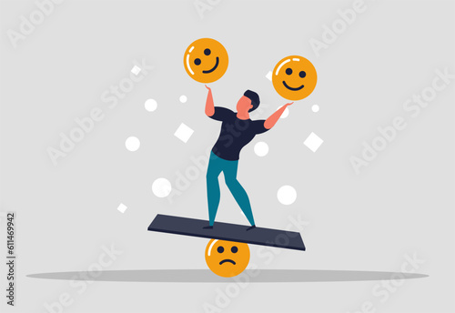 A sense of balance over human emotions. A man who controls himself and his emotions. Coping with stress and happy people. A man balances on a panel and holds a smiling face. Vector illustration