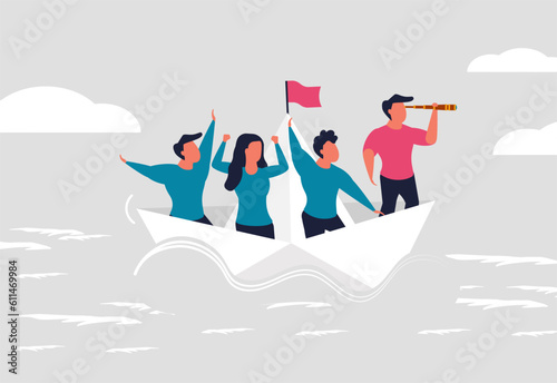 Business under the leadership of the leader. A man leads his team to success. People in a paper boat follow their leader. The concept of success and company strategy. Vector illustration
