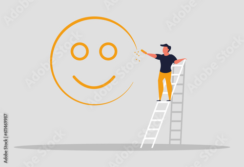 Positive thinking people. Happy and confident people. Optimism in life and life in joy. Happy man paints a smile on the wall. Vector illustration concept