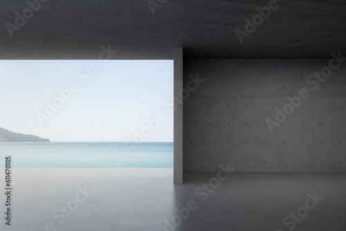 Empty concrete room with sea and sky background. 3d rendering of abstract interior space.