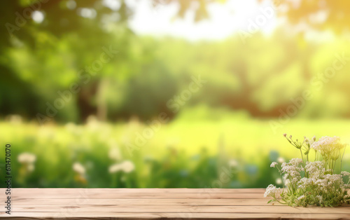 Wooden Table on Blurred Spring Meadow