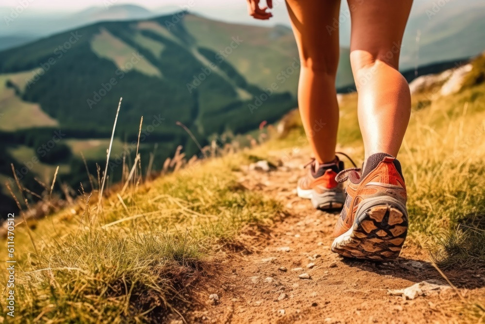 Hiking in the mountains Female legs with sports. Generative AI Hiking in the mountains Female legs with sports. Generative AI