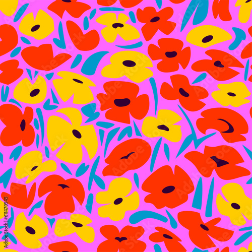 Hand drawn seamless pattern with beautiful various daisies and poppies on hot pink background. Vector illustration, retro style. © alaver