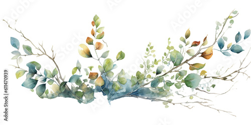 slender side decor from small branches in watercolor design isolated against transparent