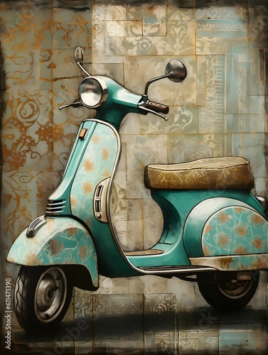 the painting of a vespa is on a canvas board, in the style of tim holtz, collage-oriented, vacation dadcore, mandy disher, light emerald and light brown, multiple patterns, art deco sensibilities