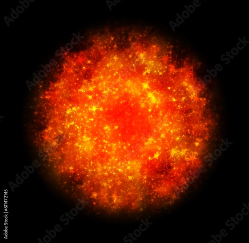 abstract background, glowing burning orange red ball on black background 