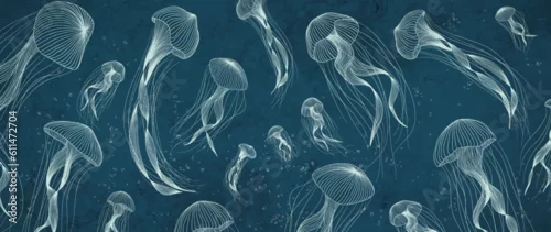 Obraz Dark blue luxury art background with hand drawn jellyfish in line style. Animal banner with sea animals for decoration, print, wallpaper, interior design, textile.