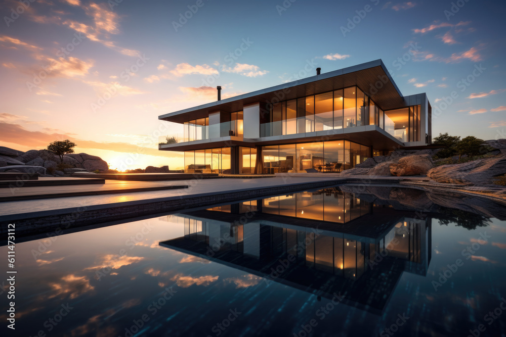 Fototapeta premium Luxury Villa with Infinity Pool and Sunset Reflection