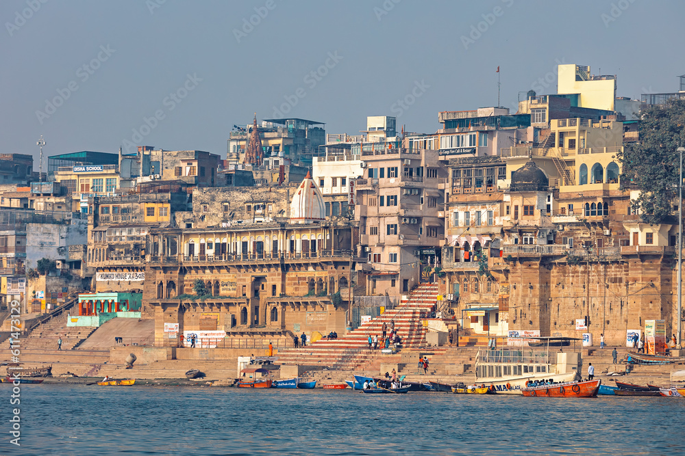 View of the city of Varanasi. Ghats of Varanasi on the Ganges River