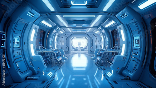 Futuristic space station or spaceship interior corridor. Science fiction concept 3D rendering.