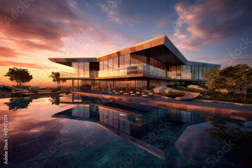 Luxury Villa with Infinity Pool and Sunset Reflection © artchvit