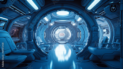 Futuristic space station or spaceship interior corridor. Science fiction concept 3D rendering. © Mamun