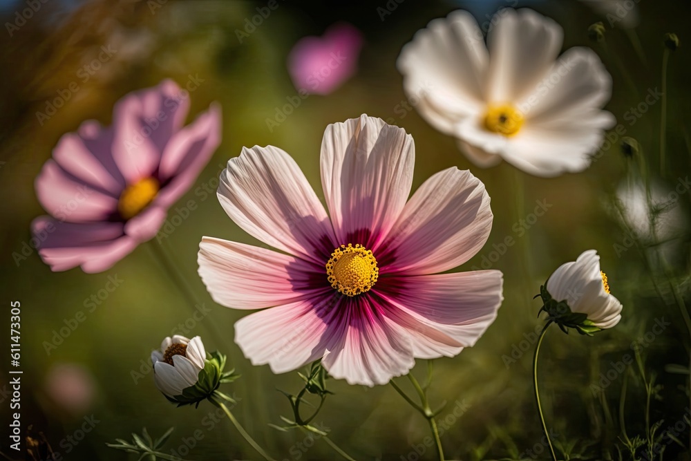 Cosmos Flowers in Bloom at the Flower Garden. Generative AI Cosmos Flowers in Bloom at the Flower Garden. Generative AI