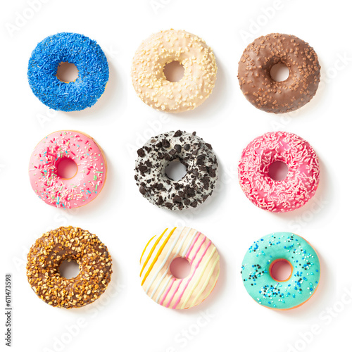 Nine sweet donuts in different colors top view on a white background