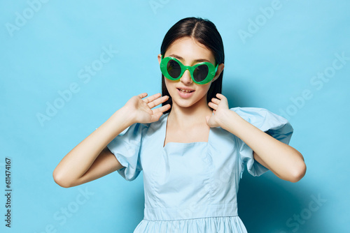 summer woman young fashion model beautiful dress blue studio isolated style