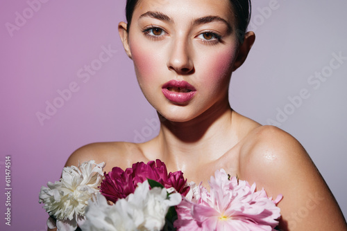 Tableau sur toile woman portrait girl make-up flower model face pink blush beauty healthy