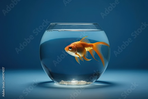 goldfish swimming in a round bowl with blue water background. Generative AI