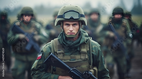Russian soldier holding a gun at the army Confident Russian soldier looking at camera with team in the background Generative AI