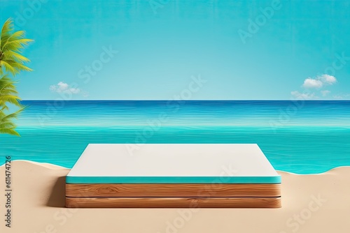 backdrop of a tropical summer, podium with a beach and a sea in the backdrop, mock-up for the displays, Presentation of the goods. Generative AI
