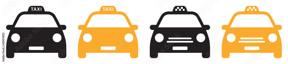 Set of taxi service icons. Taxi car sign, taxicab, taxi calling service. Vector.