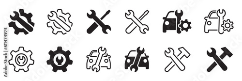 Set of car service icons. Tools, screwdriver, wrench, hammer, gear, car, repair. Auto service signs. Diagnostic, garage, engine. Vector.