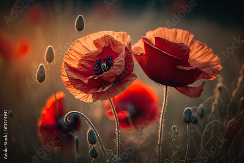 Beautiful crimson poppies with selective focus in soft light. Flowers on a wild field. The poppy used to make opium. Summertime setting. Generative AI