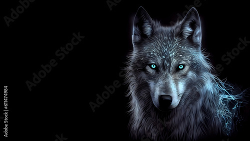 Mystical wolf with glowing eyes, in space style, on a black background with free space for any inscription or text. Generative AI