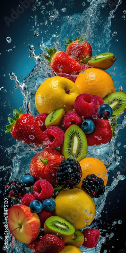 Variety of Fruits falling into the water with splashing