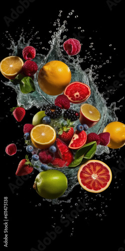 Variety of Fruits falling into the water with splashing