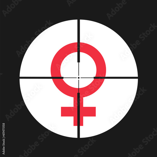 Misogyny - Gunsight targetting on female sex symbol as metaphor of woman being under sexist and offensive attack and assault based on sex and gender. Vector illustration.