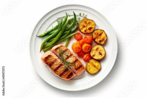 roasted salmon steak and vegetables isolated on white background top view. Generative AI