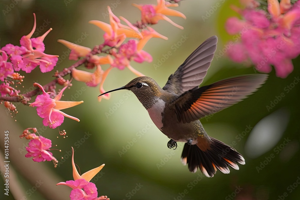Fototapeta premium hummingbird hovering near pink flowers. Generative AI
