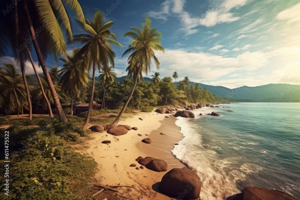 Scenic Tropical Beach with Palm Trees. Generative AI Scenic Tropical Beach with Palm Trees. Generative AI