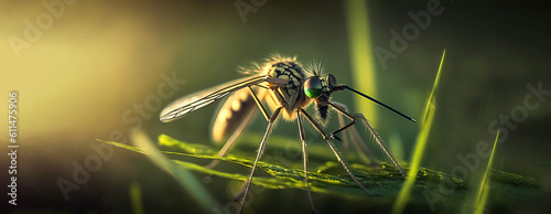 The mosquito sits on the grass. Sun rays. Mosquito mosquito. Banner. created by AI photo