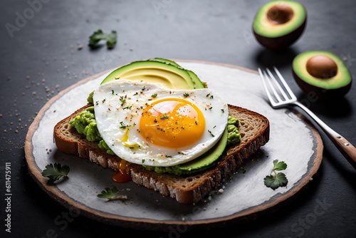 Wholegrain toast topped with avocado and fried egg, generative AI