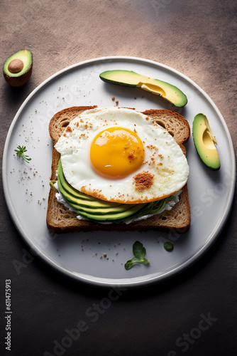 Wholegrain toast topped with avocado and fried egg, generative AI