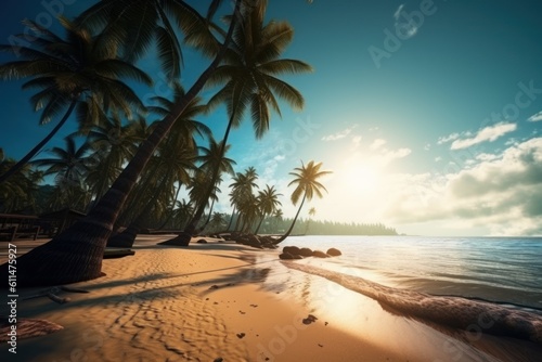 Scenic Tropical Beach with Palm Trees. Generative AI © nadunprabodana