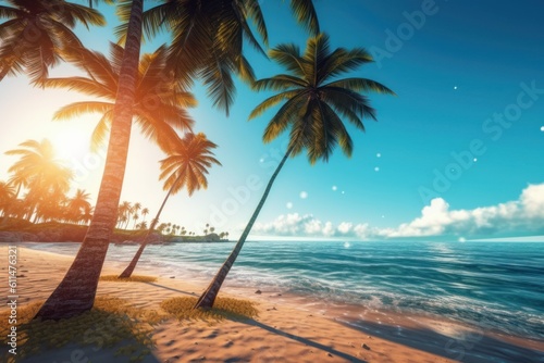 Scenic Tropical Beach with Palm Trees. Generative AI