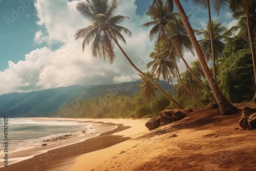 Scenic Tropical Beach with Palm Trees. Generative AI